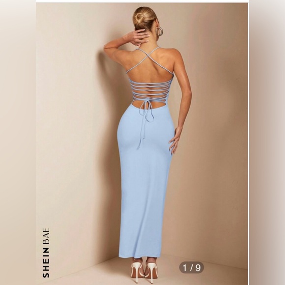 SHEIN Light Blue Bodycon Halter Neck
Spaghetti Strap Tie Low Back Shiny Dress M - Picture 4 of 16